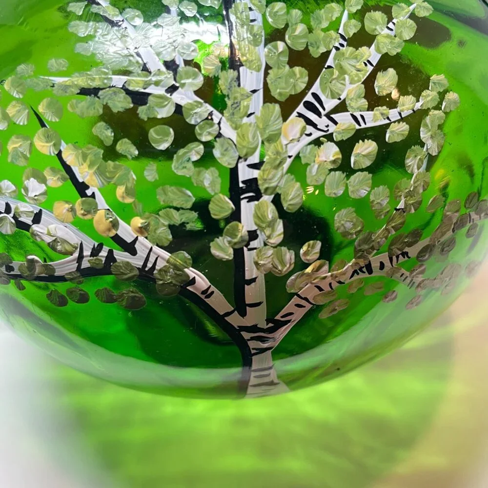 Hand-Painted Green Glass Lantern With Tree Design And Rustic Metal Top